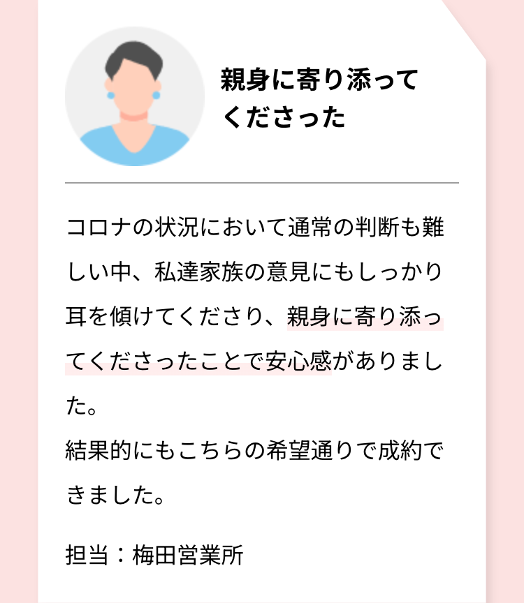 親身に寄り添って
くださった
コロナの状況において通常の判断も難
しい中、 私達家族の意見にもしっかり
耳を傾けてくださり、 親身に寄り添っ
てくださったことで安心感がありまし
た。
結果的にもこちらの希望通りで成約で
きました。
担当:梅田営業所