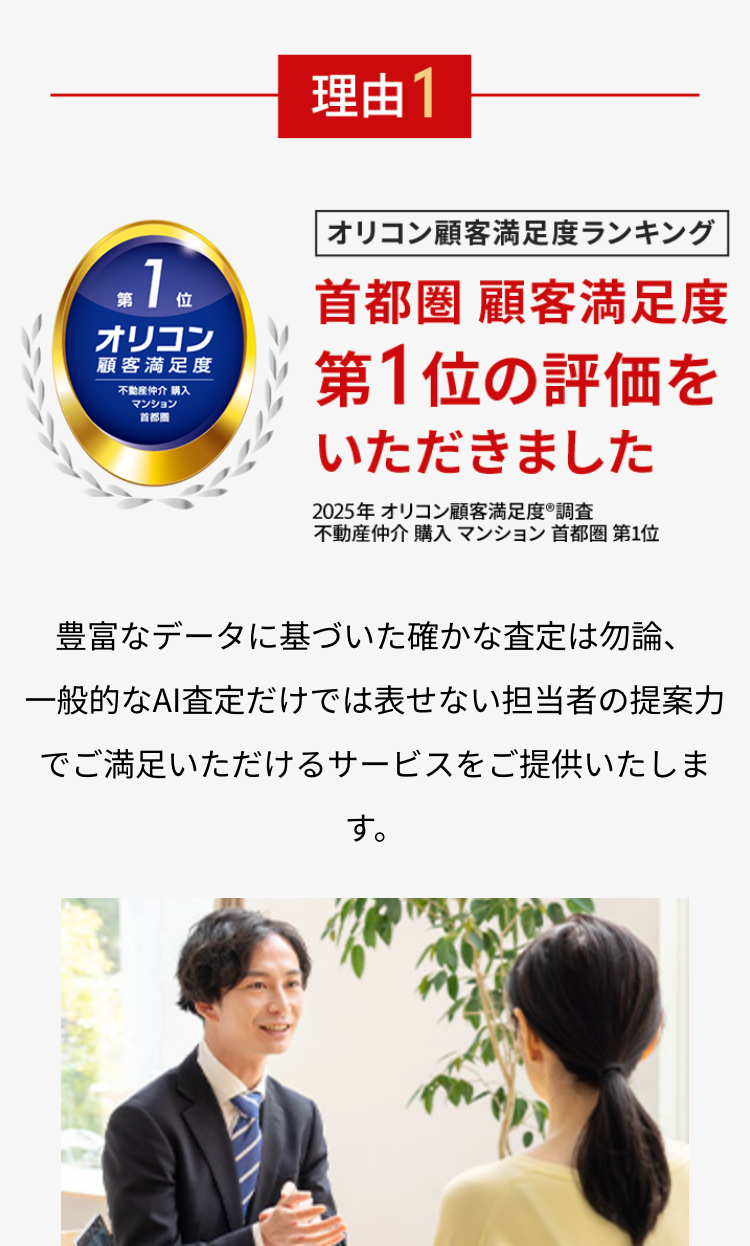 理由 1
第
1
位
オリコン
顧客満足度
不動產仲介 購入
マンション
首都圈
オリコン顧客満足度ランキング
首都圈 顧客満足度
第1位の評価を
いただきました
2025年 オリコン顧客満足度調査
不動産仲介 購入マンション 首都圏 第1位
豊富なデータに基づいた確かな査定は勿論、
一般的なAI査定だけでは表せない担当者の提案力
でご満足いただけるサービスをご提供いたしま
す。