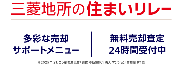 三菱地所ハウスネット
人を想う力。 街を、想う力。
三菱地所グループ
1位
オリコン
顧客满足度
不動產婦介 購入
マンション
オリコン顧客満足度ランキング
首都圈 顧客満足度
第1位
*
相続不動産の売却は
まず 無料査定 から
三菱地所の住まいリレー
多彩な売却
無料売却査定
サポートメニュー
24時間受付中
2025年 オリコン顧客満足度 ® 調査 不動産仲介購入 マンション 首都圏 第1位