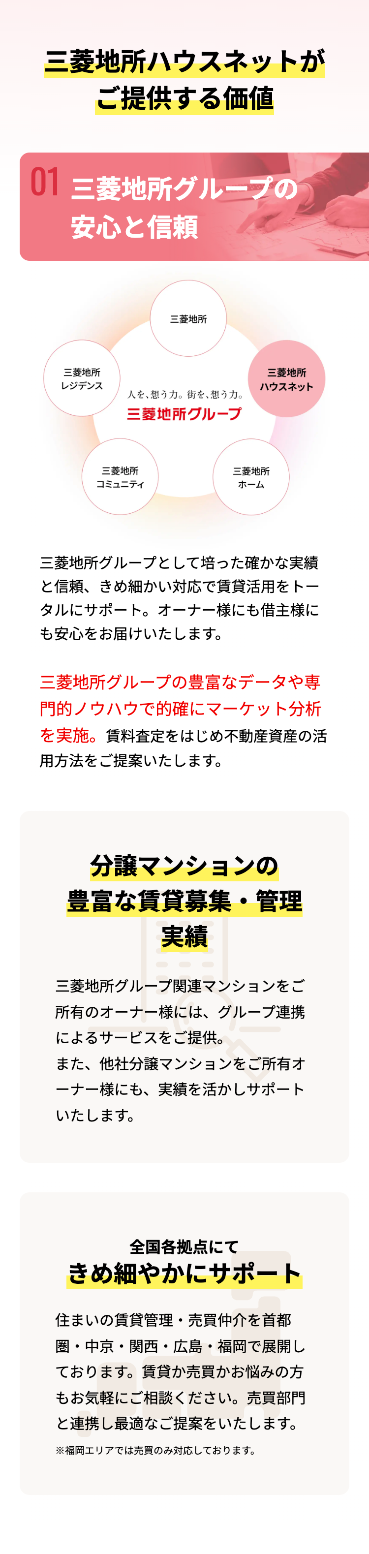 三菱地所ハウスネットが
ご提供する価値
01 三菱地所グループの
安心と信頼
三菱地所
三菱地所
レジデンス
人を想う力。 街を、想う力。
三菱地所グループ
三菱地所
ハウスネット
三菱地所
三菱地所
コミュニティ
ホーム
三菱地所グループとして培った確かな実績
と信頼、きめ細かい対応で賃貸活用をトー
タルにサポート。 オーナー様にも借主様に
も安心をお届けいたします。
三菱地所グループの豊富なデータや専
門的ノウハウで的確にマーケット分析
を実施。賃料査定をはじめ不動産資産の活
用方法をご提案いたします。
分譲マンションの
豊富な賃貸募集・管理
実績
三菱地所グループ関連マンションをご
所有のオーナー様には、グループ連携
によるサービスをご提供。
また、他社分譲マンションをご所有オ
ーナー様にも、 実績を活かしサポート
いたします。
全国各拠点にて
きめ細やかにサポート
住まいの賃貸管理・売買仲介を首都
圏・中京・関西・広島・福岡で展開し
ております。賃貸か売買かお悩みの方
もお気軽にご相談ください。 売買部門
と連携し最適なご提案をいたします。
※福岡エリアでは売買のみ対応しております。